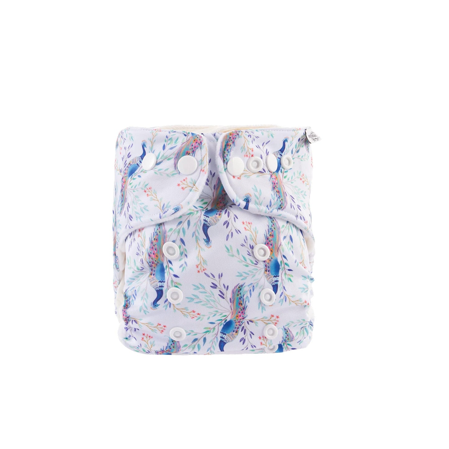 Reusable cloth nappy showing a peacock pattern.