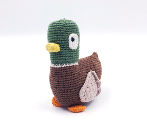 Image of hand crocheted mallard duck rattle.