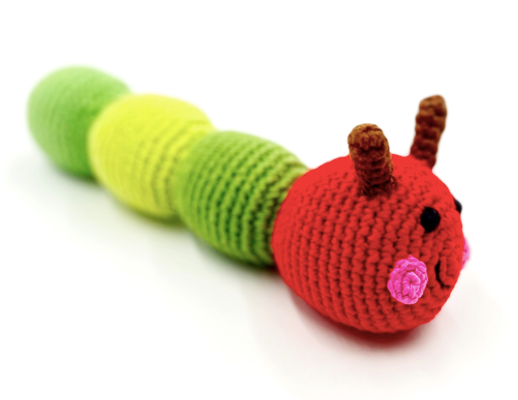 Image of a hand crocheted caterpillar toy.