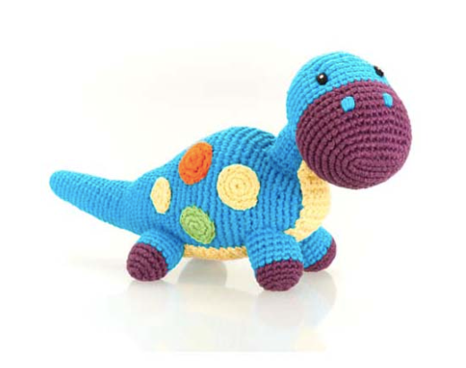 Image of a hand crocheted blue dinosaur toy