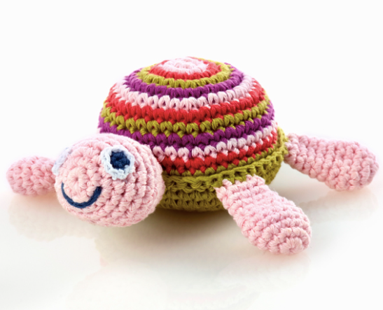 Image of hand crocheted pink turtle rattle.
