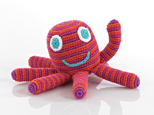 Image of an octopus which is hand crocheted.