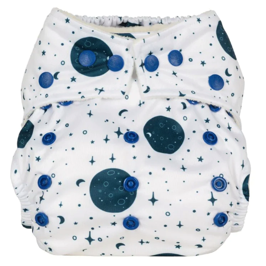 Reusable cloth nappy with white background and dark blue moon and stars pattern. 