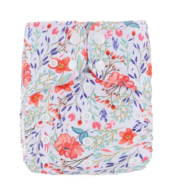 White background with pink and blue flower design on a reusable cloth nappy. 