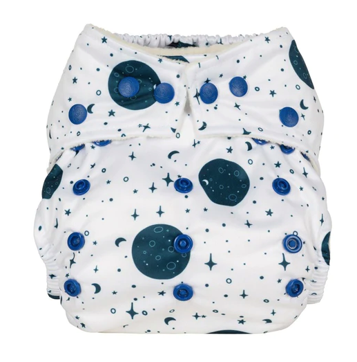 White reusable cloth nappy with dark blue moon and stars pattern and poppers around the waist and rise snaps across the front.