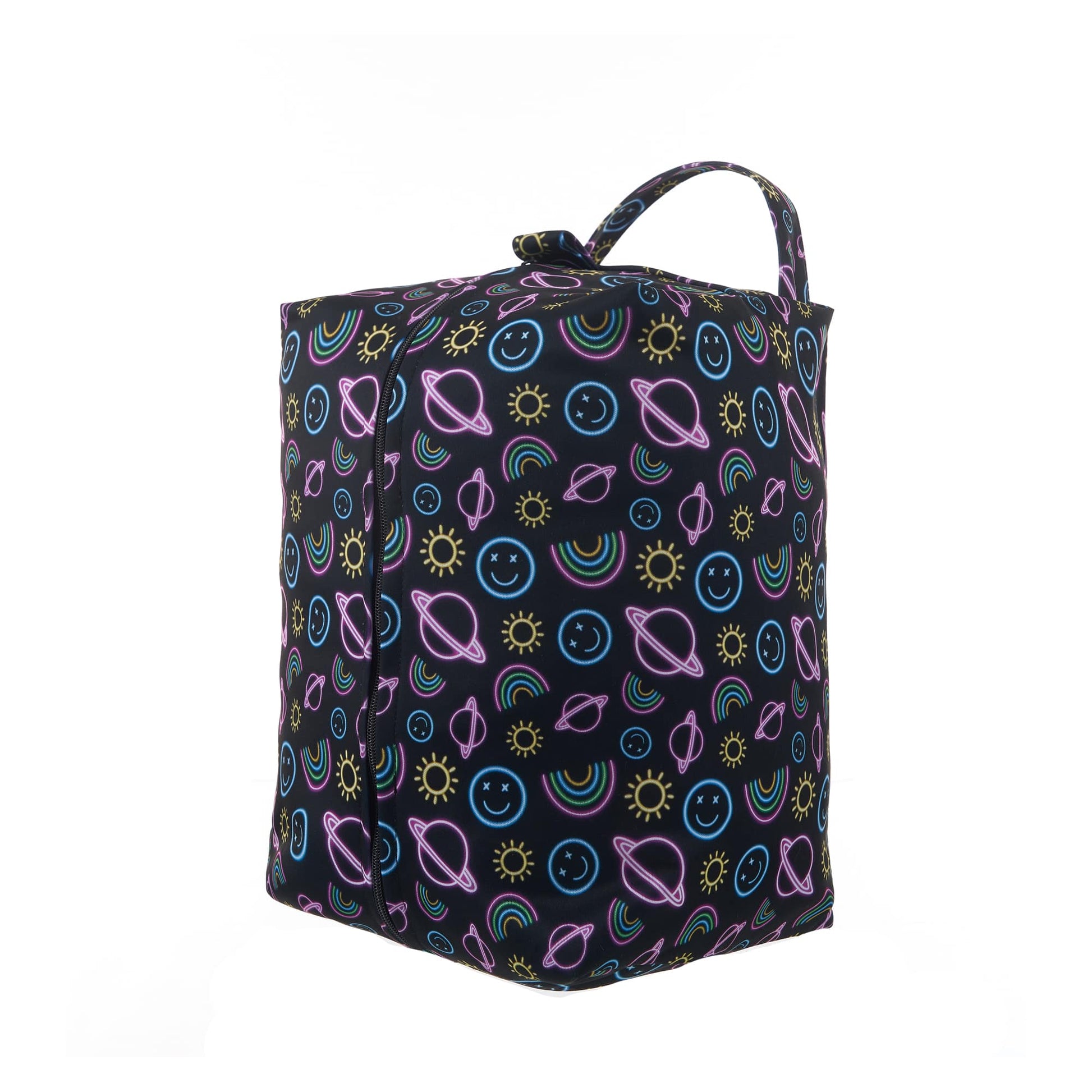 Reusable cloth nappy pod with neon space pattern.