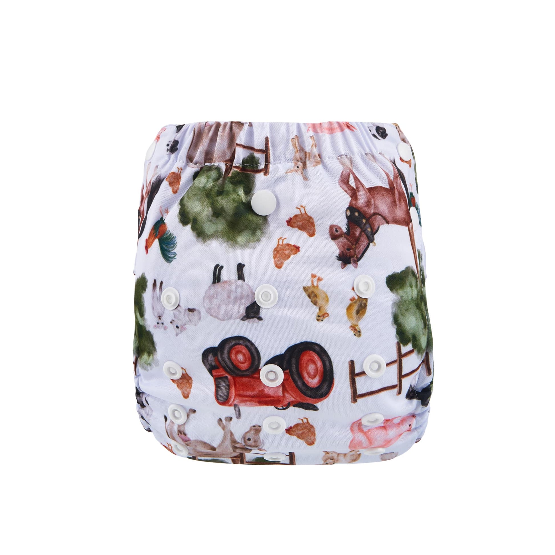 Reusable cloth nappy pull up with a farm print.