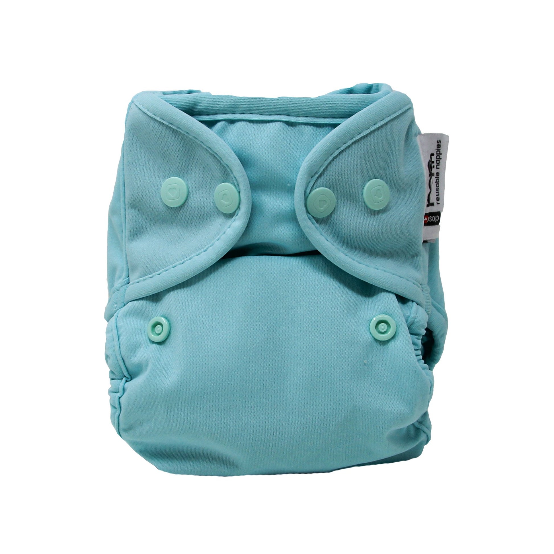 Image shows a pale blue reusable cloth nappy with popper fastening.