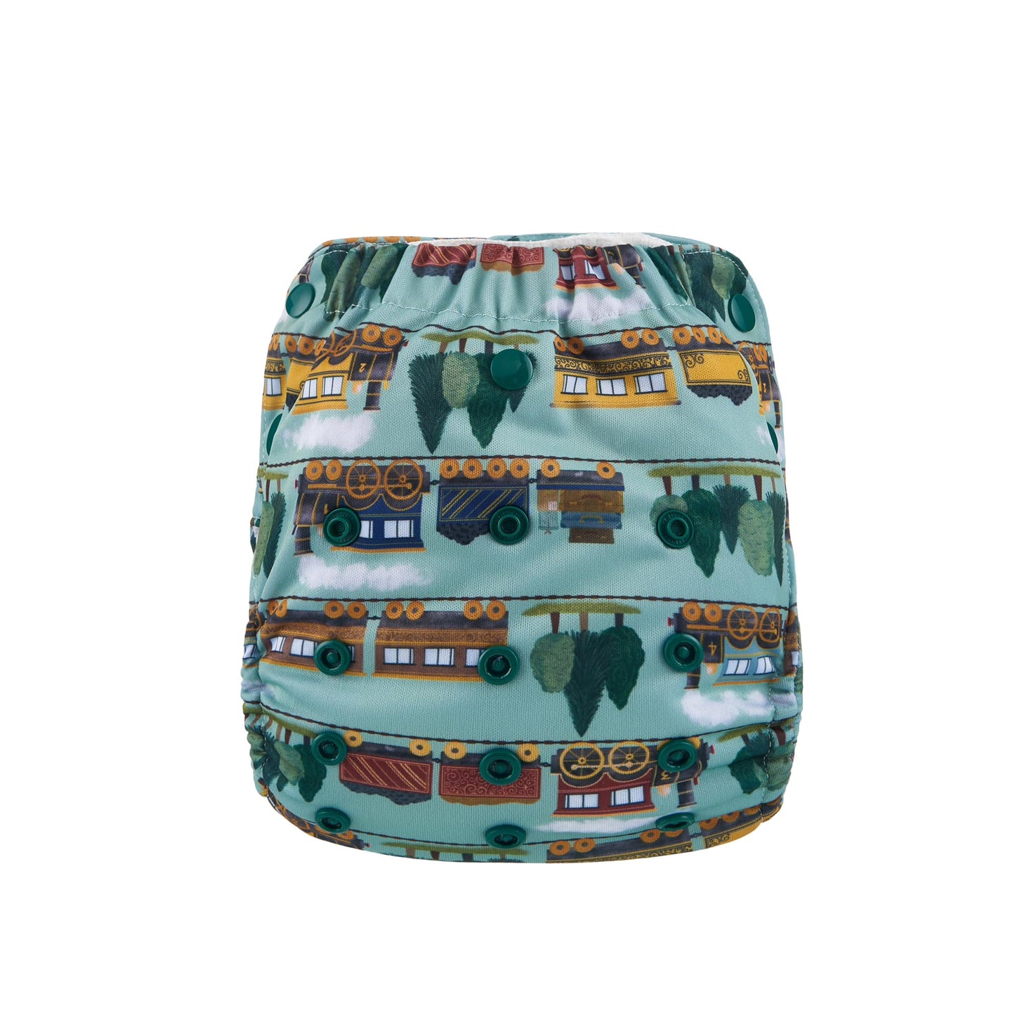 Reusable cloth nappy pull up with train print.